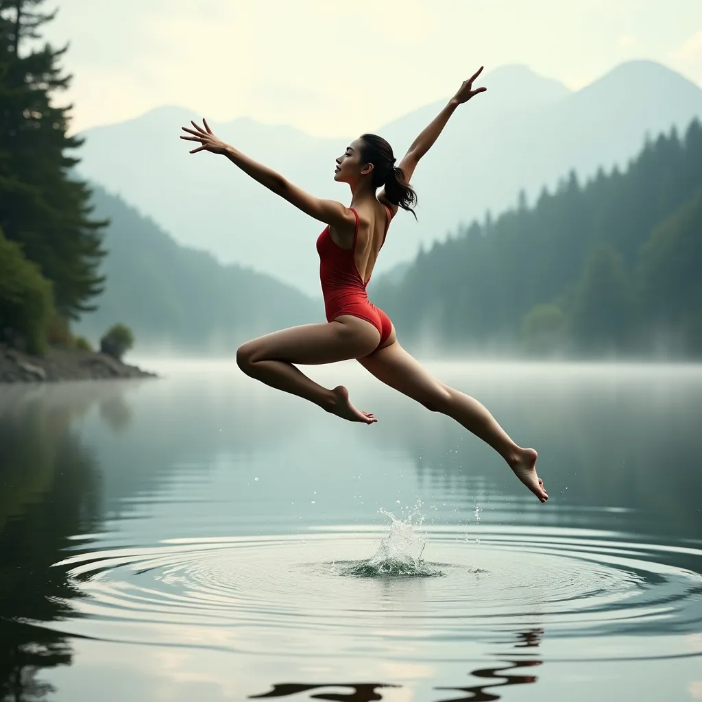 Prompt:  A gymnast is leaping into the air with both legs fully extended and her arms outstretched to maintain balance on the surface of a beautiful lake,ultra-detailed, high quality, harmonious balance. (highly detailed, ultra-detailed, 4K resolution)