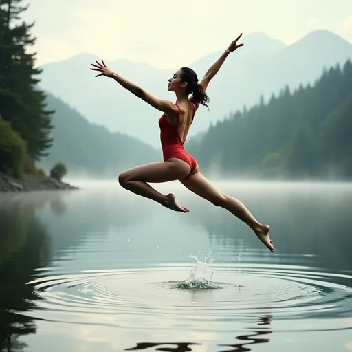 Prompt:  A gymnast is leaping into the air with both legs fully extended and her arms outstretched to maintain balance on the surface of a beautiful lake,ultra-detailed, high quality, harmonious balance. (highly detailed, ultra-detailed, 4K resolution)