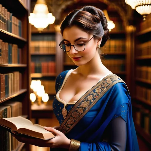 Prompt: In a 18th-century library, a female librarian is organizing ancient books in the dim light.