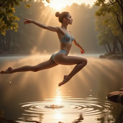 Prompt: (A close up image)A gymnast is leaping into the air with both legs fully extended and her arms outstretched to maintain balance on the surface of a beautiful lake, ultra-detailed, high quality, harmonious balance.  The golden light rays from the back of her body shape shows the glorious beauty. Classic warming style, soft and warm  lighting (highly detailed, ultra-detailed, 64K resolution) full body view, close up shot