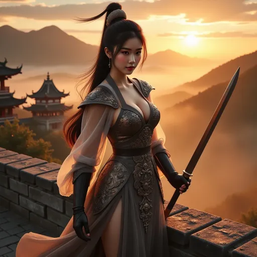 Prompt: In the Tang Dynasty in ancient China, a young, beautiful, strong  muscular and well-proportioned female general stood on the wall in bronze light armor and waved a Chinese grand  knife to resist the enemy. Her eyes were sharp and focused, and the background was on the wall in the suburbs of the sunset. Classical Hollywood cinematic style, soft and warm golden lighting, ultra realistic images. 8k, HDR, Full HD, Ultra detailed. Mythical legend 

