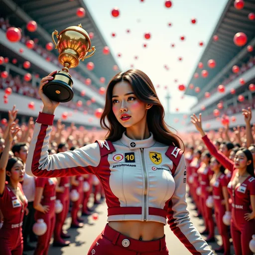 Prompt: A young and beautiful female race car driver standing on the podium after winning the F1 championship, holding up the trophy with tears of joy streaming down her face. She is surrounded by cheering fans and colorful confetti falling in the background, with the atmosphere filled with excitement and celebration
Hyper dynamic movement effects Splash art, hyper detailed, ultra realistic, highly detailed. Perfect studio lighting, perfect shading, impeccable contrast, HDR, UHD, high res, 64k