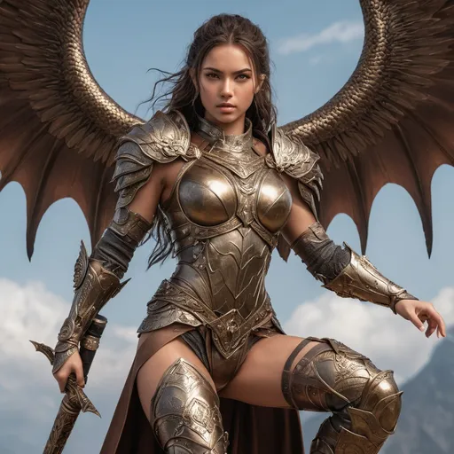 Prompt: (full body view )In the age of ancient myths, a young and beautiful female warrior, with a strong and muscular build and a powerful chest, possessed piercing eyes（ultra detailed). She wore ultra lightweight bronze-colored armor and wielded an ancient sword, sitting on the back of a flying dragon as she battled in the skies.(ultra detailed)
fine detailed drawing, professional photo, HDR, UltraHD, a lot of details, pixel study, 3D, detail, photorealism, majestic, stunning, elegant, brillant, sumptuous, magnificent, Olympian, effulgent, refulgent, fantasy, lovely, epic, fairy, long hair, mystic, full body view, classical and warm lighting style and cinematic art 

