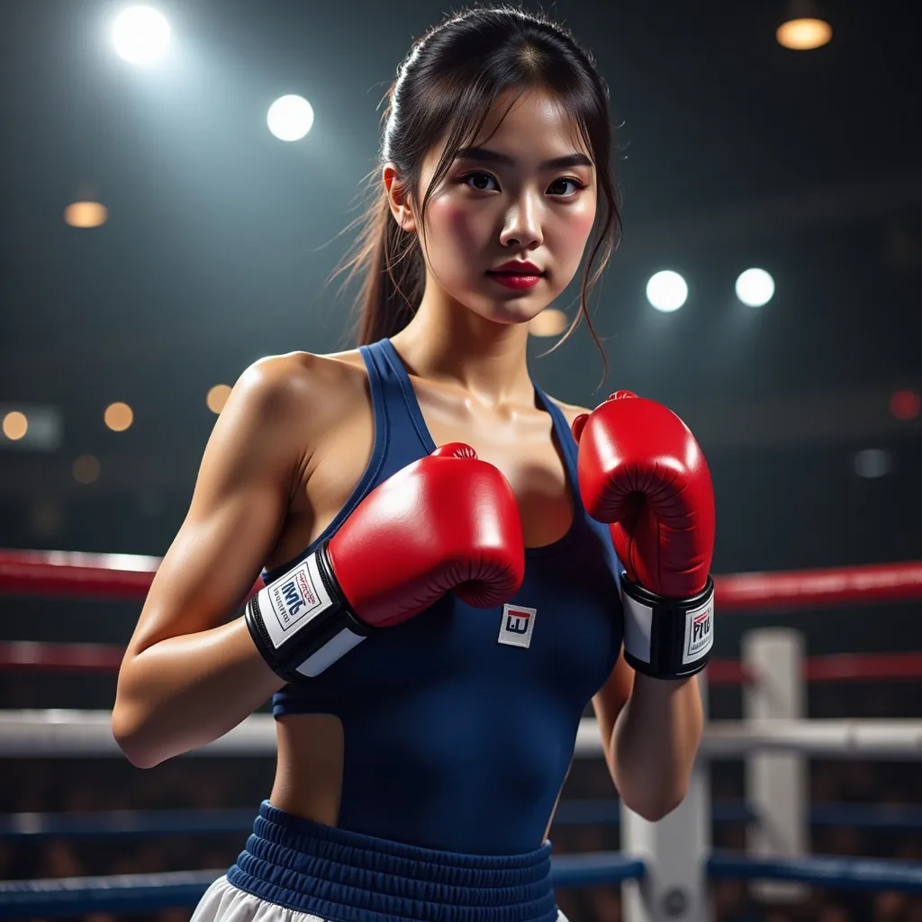 Prompt: 
(A full body view)There is a beautiful and strong female boxer (AI defined exquisitely beautiful, totally ultra realistic 18-year-old Chinese woman 
( gorgeously detailed facial features, sumptuous cleavage, perfect body proportions, ultra pale, ultra glamorous)), wearing professional navy blue boxing suit boxing on the stage 

splash art, hyper detailed, ultra realistic, highly detailed, surreal heavy mist,

Perfect studio lighting, perfect shading, impeccable contrast, HDR, UHD, high res, 64k 
