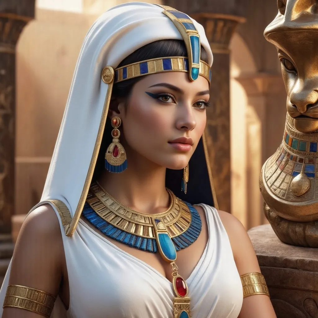 Prompt: A stunning portrait of Cleopatra, the Queen of Egypt, depicted with regal elegance and beauty. 


