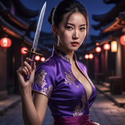 Prompt: A young, beautiful Chinese female assassin wearing a dark purple, form-fitting, low-cut qipao holds a mini dagger in her hand. On a dimly lit street late at night, her piercing eyes shine brightly as if searching for her prey. She put on a martial arts pose(ultra detailed ).
fine detailed drawing, professional photo, HDR, UltraHD, a lot of details, pixel study, 3D, detail, photorealism, majestic, stunning, elegant, brillant, sumptuous, magnificent, effulgent, refulgent, fantasy, epic, long hair, mystic, full body view, classical and warm lighting style and cinematic art 
