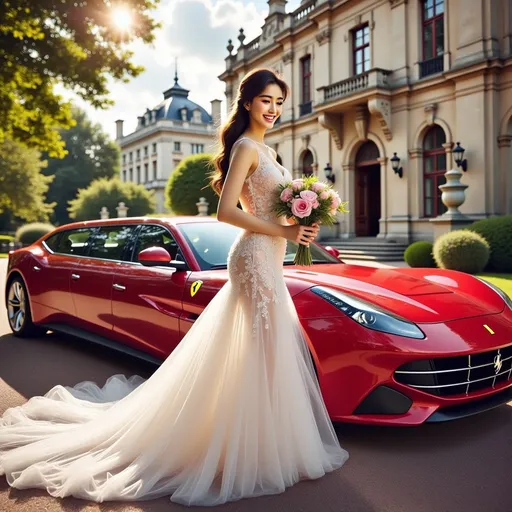 Prompt: A Ferrari Stretch Limousine in red stopped at a royal palace with a bride(She was wearing a white mermaid wedding gown, adorned with a sapphire necklace and earrings, along with a pair of pink high heels)in the morning sun shines . The bride held a bouquet of flowers as she stood beside the limousine, radiating pure happiness.
adorned with rich fabrics and intricate details, ambient lighting that enhances the elegance, soft golden tones, an aura of grandeur and sophistication, (highly detailed, ultra-detailed, 4K resolution). Full car view, full car shot 
