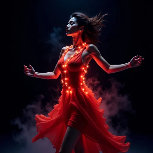 Prompt: 64k , high resolution, surrealism , illustration  , digital painting  , ultra detailed , art photography , bright colors , black background with water blue fire   , a woman dancing in the dark room ,she wears  light red glowing necklaces illuminating her upper body ) , and a spotlight focused on her face, showing her satisfaction expression.Challenging dynamic dance sequence , full body ,  fire red dress dress , the dance makes the dress look more dynamic , dramatic lighting around the woman , close up 