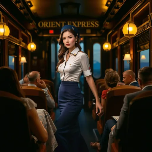 Prompt: A cinematic movie poster set inside the Orient Express on a warm summer night.