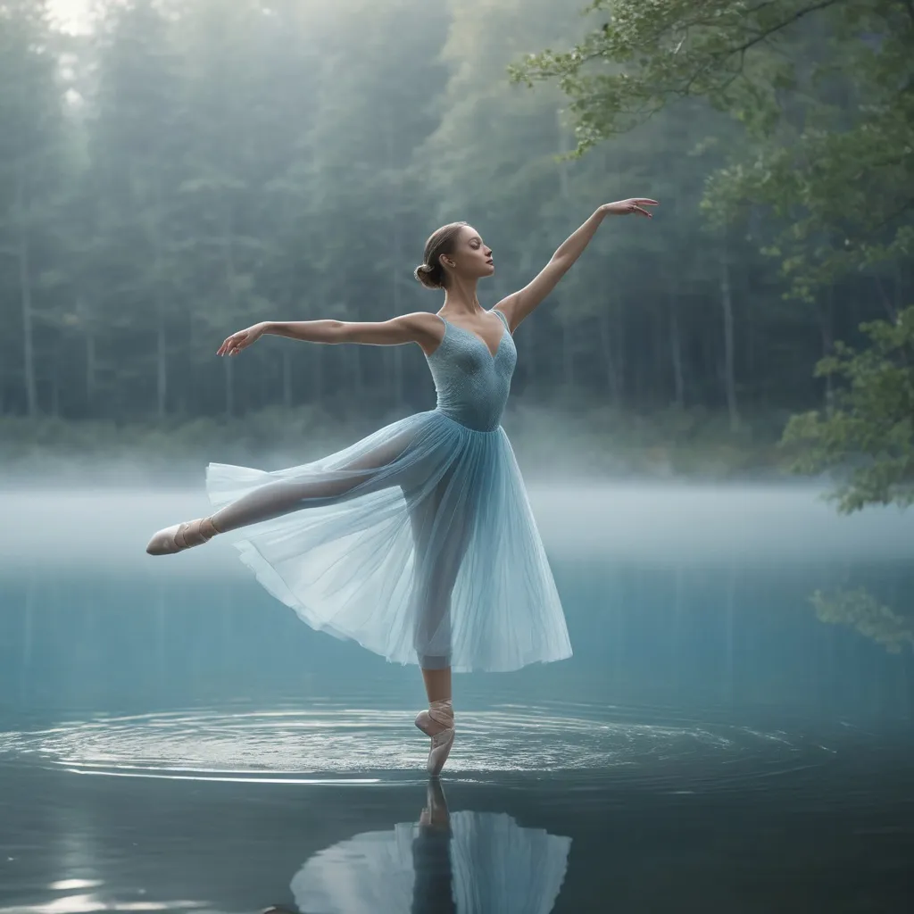 Prompt: A stunningly beautiful woman with a graceful figure, dressed in a light blue sheer of ballet dress , dances lightly in a ballet style (jump-fly-and turn)on the surface of a dreamy lake. Ethereal, romantic light streams through the foggy forest by the lake, creating a cinematic atmosphere, highly detailed, ultra-detailed, UHD 8K resolution, close up shots 

