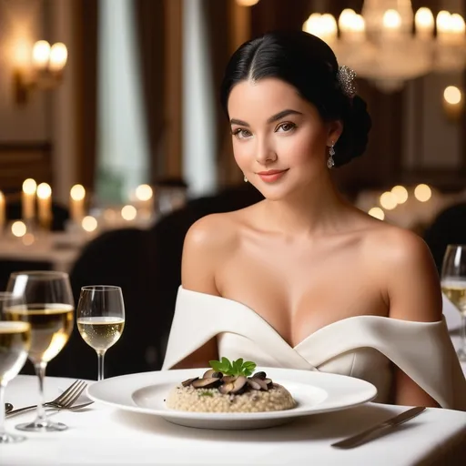 Prompt: A luxurious Michelin 3-star fine dining restaurant with an elegant ambiance. A professionally set dining table with a pristine white tablecloth, polished silverware. The main focus is a beautifully plated vegan truffle wild mushroom risotto, rich in texture, with delicate steam rising, placed perfectly in the foreground. The dish is illuminated by soft, cinematic lighting, emphasizing its exquisite presentation. In the slightly blurred background, a young, beautiful female guest in a stunning formal evening gown sits gracefully, about to enjoy the meal. Her poised expression conveys refined appreciation, adding to the sophisticated atmosphere. The composition is professional, with the dish as the central highlight while maintaining a sense of depth and elegance