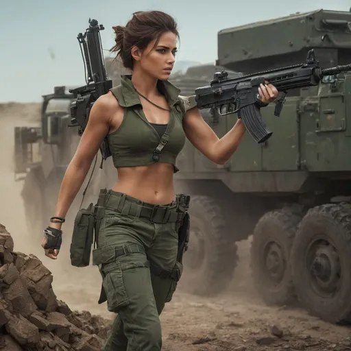 Prompt: Digital concept art. A young, stunning female mercenary with a strong and well-proportioned physique (dressed in a dark green crop top paired with deep green jeans and a pair of military boots.) setting up a heavy machine gun mounted on a tripod inside a battle trench. She is fiercely firing at enemies in front of her, with determination on her face. Bullet casings eject rapidly as the muzzle flashes illuminate the dark and gritty battlefield. Surrounded by sandbags and rough terrain. The scene features dramatic lighting, cloudy skies, and an intense, cinematic atmosphere