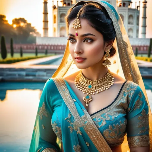 Prompt: A breathtakingly elegant  Indian  princess, draped in a richly embroidered sari of Turquoise and gold, adorned with intricate jewelry that sparkles in the soft morning light.
She stands poised and dignified before the majestic Taj Mahal.