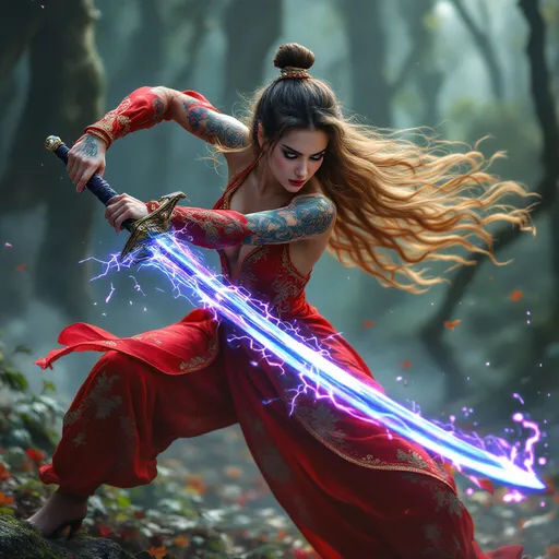 Prompt: full-body pose, a young stunning Eurasian female figure with long curvy hair , performing an advanced Chinese Kong fu move, adorned in elaborate Chinese tattoos, wearing a Chinese red evening gown with high heels, dynamic pose wielding a Chinese grand sword, magical lightning emanating from the sword, intense focus in expression, her body covered in sweat from using her magical powers, exhausted expression, artistically blurred background of an waterfall in a dark forest setting, vibrant colors emphasizing movement and athleticism, photorealistic image, ultra-detailed, high-quality masterpiece.