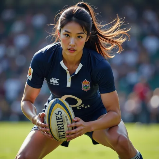 Prompt: In an international rugby match, a female player wearing a navy blue jersey with the number 10 on her back, possessing a beautiful face, a tall and powerful physique, and a strong, broad chest, tightly holds the rugby ball at her waist. She crouches low and charges forward with great speed and determination.
