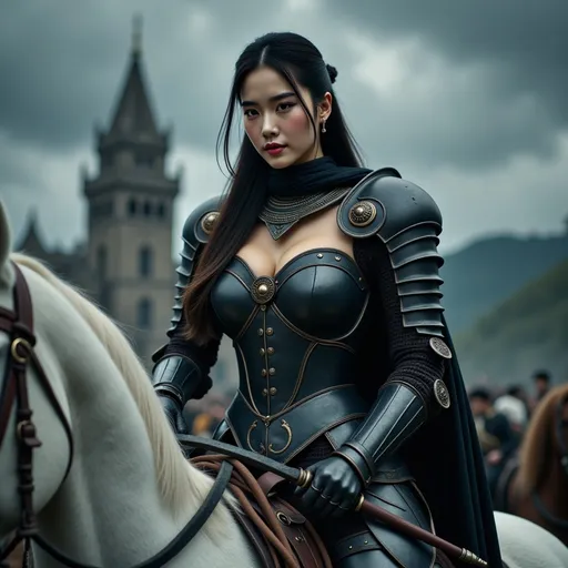 Prompt: A hot woman (badass medieval knight), (black armor), gripping sword in hand, rode a white horse inlaid with golden saddles. fierce expression, dramatic pose, intricate light armor details, dark and moody color palette, cinematic lighting, highly detailed, stormy background, strong and powerful presence, evokes a sense of bravery and strength, captivating and intense atmosphere, ultra-detailed, 4K resolution, ready for battle. Full body view