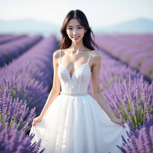 Prompt: (A full-body portrait of a person, showing them completely from head to toe, with no parts cropped or cut off. The figure should be centered in the frame with their entire body fully visible.)
The most beautiful 18-year-old Chinese girl in the world, with flawless porcelain skin, perfectly symmetrical facial features, enchanting almond-shaped eyes, and a radiant smile. Her figure is impeccably proportioned, exuding grace and elegance, She stood in the vast lavender field in a snow-white wedding dress.

The wedding dress fluttering in the wind makes people feel beautiful and dreamy.
Smooth bokeh’s charm 
Splash art, hyper detailed, ultra realistic, highly detailed, surreal heavy mist,

Perfect studio lighting, perfect shading, impeccable contrast, HDR, UHD, high res, 64k
