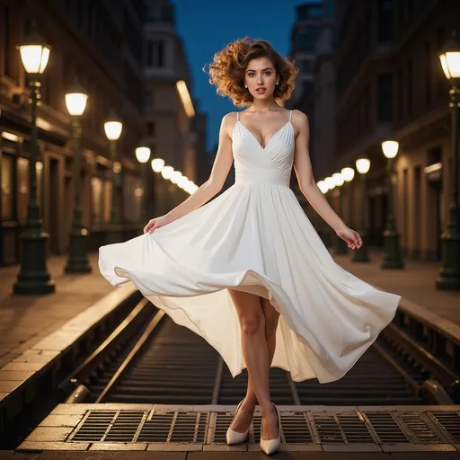 Prompt: A young woman standing over a subway grate as a gust of wind lifts her flowing white dress. She has a surprised yet playful expression, her hands gently holding the dress down. The scene is set in a vintage city environment with warm streetlights illuminating the night. The woman’s hairstyle is styled in classic retro curls, and she exudes an aura of elegance and charm.