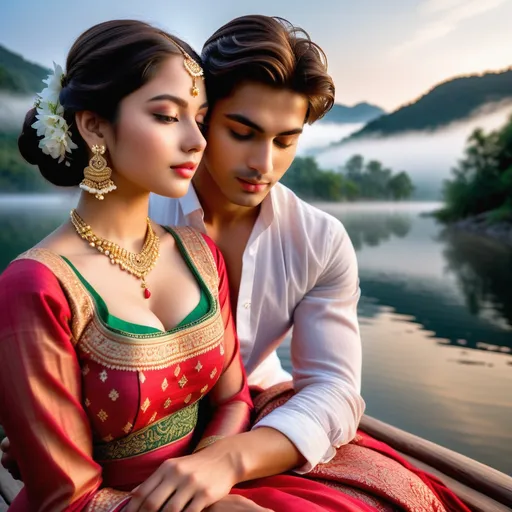 Prompt: A wedding photo shot at a beautiful mountain-surrounded lake at dawn,