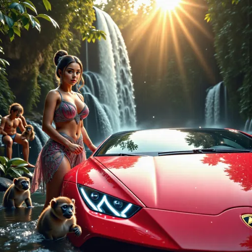 Prompt: A bright apple-red Lamborghini Sián FKP 37 is parked beside a majestic jungle waterfall in the prehistoric era, surrounded by dense, untamed wilderness bathed in golden mist. Ethereal beams of sunlight filter through the ancient trees, casting a mystical glow over the scene. A young and beautiful tribal princess, adorned in delicate, nature-inspired attire with shimmering ornaments, reaches out to touch the car with wide eyes filled with wonder, surprise, and curiosity. She gazes at the futuristic machine as if it were a mythical creature, unsure if it is a gift from the gods or a spirit from another world. And some jungle monkeys were also with the princess. The atmosphere is dreamlike and romantic, blending the raw beauty of ancient times with the allure of the unknown
 
Splash art, hyper detailed, ultra realistic, highly detailed. Perfect studio lighting, perfect shading, impeccable contrast, HDR, UHD, high res, 64k
