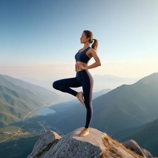 Prompt: A young, exceptionally beautiful girl poses on the top of a high mountain , her figure accentuated by a form-fitting yoga outfit. She engages in a yoga session, stretching her body and legs to achieve a state of tranquility. The full-body view captures her graceful movements, executed in an ultra-realistic and cinematic style. The 4K resolution ensures that the image is visually stunning and has gained popularity on the ArtStation platform.
This photograph captures the enigmatic and ethereal golden glow, evoking the ambiance of a mythical narrative, with classical cinematic style