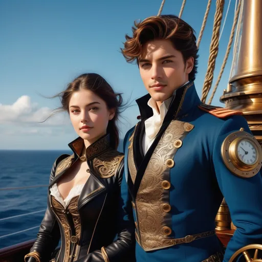 Prompt: a dashing young steampunk gentleman, clad in a stylish brass-adorned coat and leather gloves, stands beside his stunning clockpunk beauty—a vision of elegance in her intricately designed mechanical armor, adorned with delicate filigree and exposed gears. 
