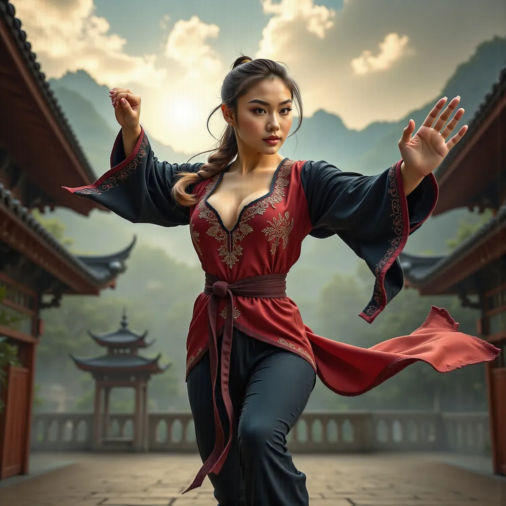Prompt: A young martial arts woman  practicing kung fu in the courtyard of an ancient temple, high in the misty mountains.