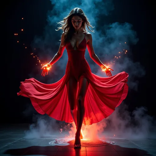 Prompt: 64k , high resolution, surrealism , illustration  , digital painting  , ultra detailed , art photography , bright colors , black background with water blue fire   , a woman dancing in the dark room ,she wears  light red glowing bracelets illuminating her hands) , Challenging dynamic dance sequence , full body ,  fire red dress dress , the dance makes the dress look more dynamic , dramatic lighting around the woman , close up 