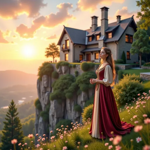 Prompt: In the medieval era, a stone-built villa with a chimney perched on the edge of a cliff, surrounded by gentle green grass and blooming flowers. In front of the house, a young girl (A 18-year-old Caucasian girl, standing at 175 cm tall, with measurements of 110 cm, 65 cm, and 95 cm with flawless porcelain skin, perfectly symmetrical facial features, enchanting almond-shaped eyes, and a radiant smile. Her figure is impeccably proportioned)wearing beautiful medieval era clothing 
stood happily singing as she admired the glow of the setting sun.
Splash art, hyper detailed, ultra realistic, highly detailed,
Perfect studio lighting, perfect shading, impeccable contrast, HDR, UHD, high res, 64k
