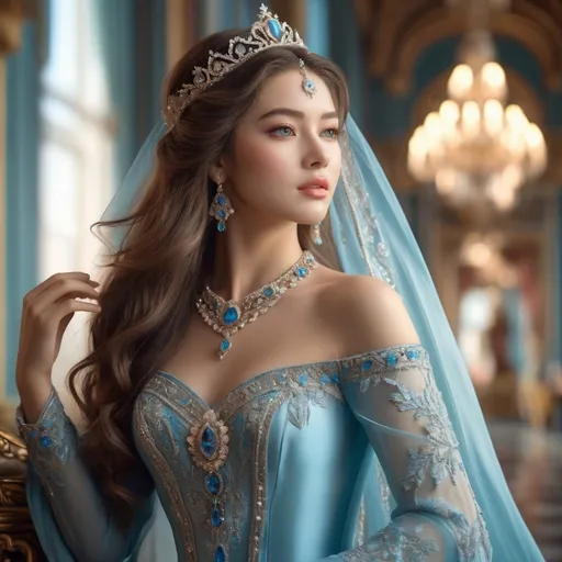 Prompt: A long, long time ago, on a sunny day, a stunningly beautiful princess (gorgeously detailed facial features)with a graceful figure dancing in the ballroom of a grand palace. She was dressed in a gorgeous water blue princess sheer gown(intricate details in fabric texture), with a set of royal necklaces on her neck, and a crown on her head.
fine detailed drawing, professional photo, HDR, UltraHD, a lot of details, pixel study, 3D, detail, photorealism, majestic, stunning, elegant, brillant, sumptuous, magnificent, effulgent, refulgent,
, lovely, epic, long hair, mystic, full body view, classical and warm lighting style and cinematic art, portrait view, close up view 
