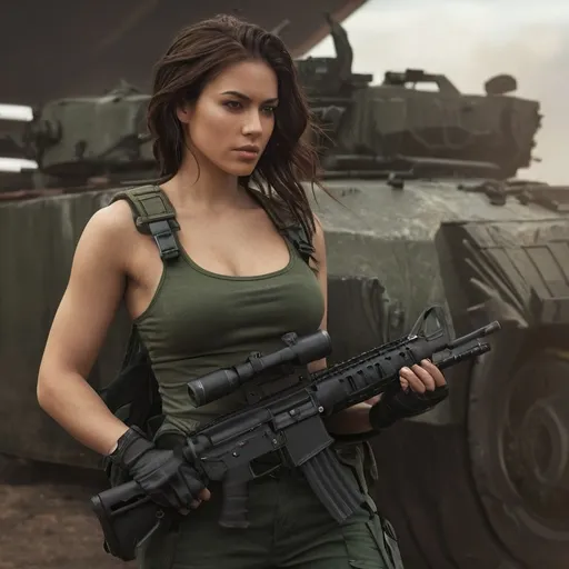 Prompt: Digital concept art, close up, side shot,
A young, stunningly beautiful female mercenary with a strong, well-proportioned, and powerful physique(dressed in a dark green crop top paired with deep green jeans and a pair of military boots.) A mercenary in a sandbag-reinforced bunker sets up a heavy machine gun, fiercely firing at three tanks in front. In the frame, you can see shell casings continuously ejecting from the machine gun.The background is in the desert of yellow sand.cautious face, full alert, depressing ambience, cloudy skies, intricate details, detailed face, detailed armor, delicate hair, detailed eyes, contrast shadow, dramatic lighting, hi res, UHD, 8K, 85mm lens, Sony A7R, bokeh. Warm lighting, cinematic style 
