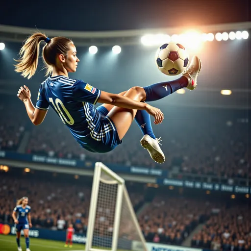 Prompt: A professional sports photography shot capturing a young, beautiful female soccer player with strong muscular figure wearing a navy blue jersey with the number 10. The scene takes place during a night match, with the player performing a powerful and graceful bicycle kick in front of the goal. 