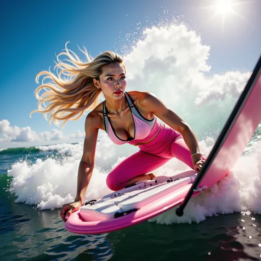 Prompt: (A full body image)A young woman  expertly driving a speedboat through towering waves in the midst of a fierce early-morning storm. Despite the raging wind and heavy rain, she handles the boat with exceptional skill and precision, effortlessly navigating the chaotic seas. Her calm, focused expression reveals her confidence and passion for the thrill of such an intense challenge, embodying both grace and determination. Hyper dynamic movements effect.
Splash art, hyper detailed, ultra realistic, highly detailed. Perfect studio lighting, perfect shading, impeccable contrast, HDR, UHD, high res, 64k