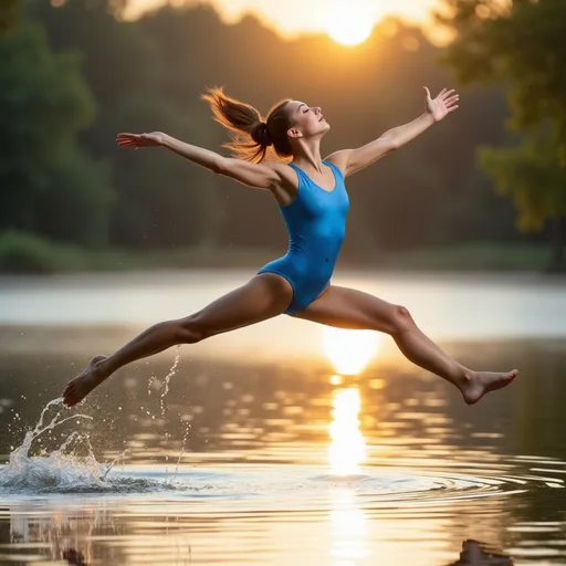 Prompt: (A close up image)A gymnast wearing professional water blue outfits is leaping into the air with both legs fully extended as called “layout jump”and her arms outstretched to maintain balance on the surface of a beautiful lake, ultra-detailed, high quality, harmonious balance.  The golden light rays from the back of her body shape shows the glorious beauty. Classic warming style, soft and warm  lighting (highly detailed, ultra-detailed, 64K resolution) full body view, close up shot