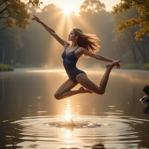 Prompt: (A close up image)A gymnast is leaping into the air with both legs fully extended and her arms outstretched to maintain balance on the surface of a beautiful lake, ultra-detailed, high quality, harmonious balance.  The golden light rays from the back of her body shape shows the glorious beauty. Classic warming style, soft and warm  lighting (highly detailed, ultra-detailed, 64K resolution) full body view, close up shot