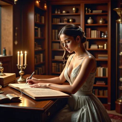 Prompt: A young female scholar in 11th-century Europe, deeply immersed in studying human origins in her cluttered home workspace. The room is filled with ancient manuscripts, scrolls, and primitive sketches of early humans. Candles flicker, casting a warm glow on wooden shelves packed with books and scientific instruments like quills, ink bottles, and astrolabes. She wears a modest yet elegant medieval dress, her hair tied back as she concentrates on her work. The atmosphere is scholarly, dimly lit, and slightly chaotic, evoking the passion of discovery.