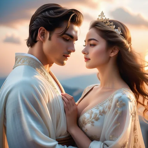Prompt: A divine couple walking gracefully on the clouds, wearing elegant, flowing robes made of shimmering, translucent silk that drapes beautifully around their bodies. The garments have intricate, celestial patterns—subtle gold and silver embroidery that glows softly in the light. Their faces are glowing with happiness and love. The scene is romantic and ethereal, inspired by Greek mythology, with soft heavenly light, pastel skies, and a dreamlike atmosphere. Their movement is gentle, as if they're in love, walking hand in hand through a celestial realm. Digital realism style, high detail, cinematic lighting, soft focus.