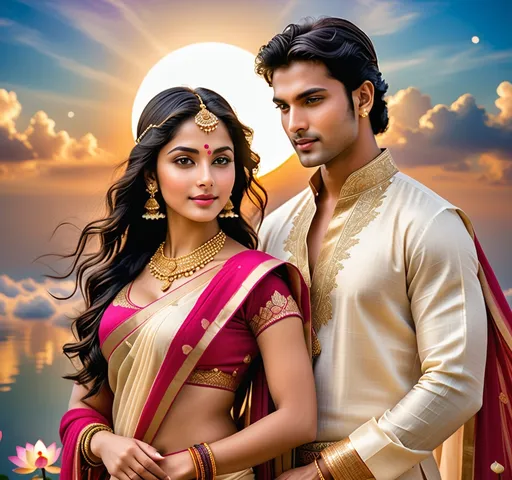 Prompt: A divine couple walking gracefully on the clouds, inspired by the Bhagavad Gita and Indian mythology.