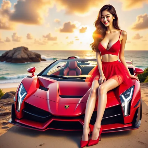 Prompt: 
A Lamborghini Veneno Roadster (Candy Apple Red by Koenigsegg). Stopping along a Hawaiian beach during a breathtaking sunset with a lady(19-year-old Taiwanese girl with a playful smile (highly detailed face), standing at 168 cm tall, with measurements of 120 cm, 62 cm, and 98 cm.

Wearing  fitted apple red silk tulle Crop top with deep V-neck to waist paired with  fitted apple red miniskirt  and apple red pumps). Seated on the edge of the car’s hood or the engine cover, with one leg naturally bent and the other lightly extended downward, creating a relaxed and effortless vibe. Ultra-realistic Concept art. Full car view
intricate artwork masterpiece, the depth of field kinophoto lens, photography, cinematography, soft bokeh, Ultra-realistic rendering, ultra-thin textures, intricate details, beautifully shot, hyperrealistic, sharp focus, 64 megapixels, impeccable perfect composition, high contrast, cinematic, atmospheric, moody, 16k UHD, HDR