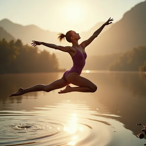 Prompt:  A gymnast is leaping into the air with both legs fully extended and her arms outstretched to maintain balance on the surface of a beautiful lake, ultra-detailed, high quality, harmonious balance.  Classic warming style, soft and warm  lighting (highly detailed, ultra-detailed, 4K resolution) full body view, close up shot