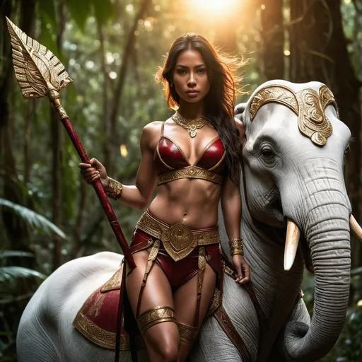 Prompt: In the Amazon jungle, a young, beautiful, girl warrior with a stunning strong muscular figure(intricately detailed) and muscular chest rides on the back of a white elephant . She is dressed in a deep red  primitive, form-fitting short leather outfit and holds a spear in her hand with golden light streaming through the forest, creating an atmosphere full of mystery and legend.
fine detailed drawing, professional photo, HDR, UltraHD, a lot of details, pixel study, 3D, detail, photorealism, majestic, stunning, elegant, brillant, sumptuous, magnificent, Olympian, effulgent, refulgent, fantasy, lovely, epic, fairy, long hair, mystic