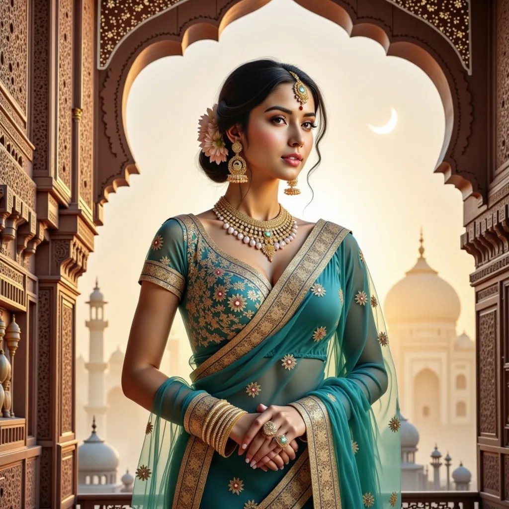 Prompt: A breathtakingly beautiful Indian princess from ancient times, standing gracefully in the majestic palace of the Taj Mahal. She wears an opulent, traditional Mughal-era royal outfit, intricately embroidered with gold and encrusted with precious gemstones. Her flowing silk dupatta shimmers under the soft moonlight, casting a mystical glow. Delicate henna patterns adorn her hands, and exquisite jewelry—bejewelled maang tikka, heavy gold necklaces, and shimmering bangles—enhance her regal elegance.

The palace is bathed in a dreamy, ethereal light, with the marble reflecting hues of silver, gold, and soft pastels. Floating flower petals drift through the air, carried by a gentle, unseen breeze. The atmosphere is infused with an enchanting, fairytale-like glow, as if the scene exists between dreams and reality. Wisps of golden mist swirl around her feet, and the sky above is illuminated by a crescent moon and twinkling stars. In the background, the silhouette of the Taj Mahal stands majestically, its domes glowing under the celestial light. The entire scene radiates an aura of romance, mystery, and divine elegance, as if touched by the gods themselves.