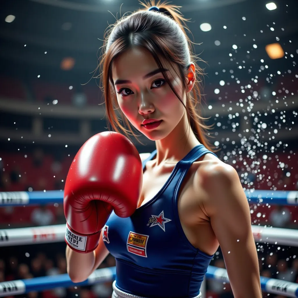 Prompt: 
(A full body view)There is a beautiful and strong female boxer (AI defined exquisitely beautiful, totally ultra realistic 18-year-old Chinese woman 
( gorgeously detailed facial features, sumptuous cleavage, perfect body proportions, ultra pale, ultra glamorous)), wearing professional navy blue boxing suit boxing on the stage 

splash art, hyper detailed, ultra realistic, highly detailed, surreal heavy mist,

Perfect studio lighting, perfect shading, impeccable contrast, HDR, UHD, high res, 64k 
