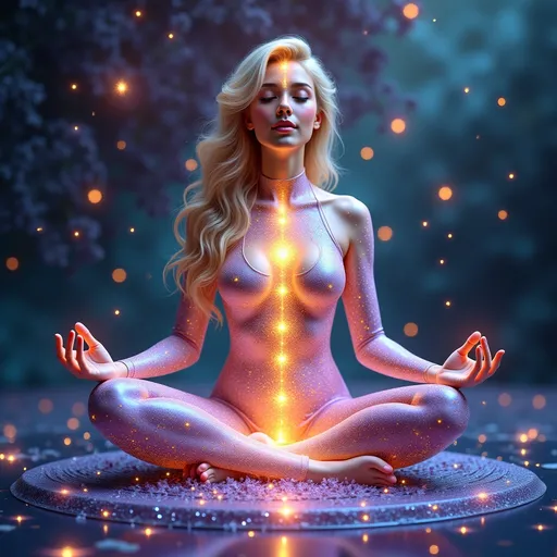 Prompt: (3d, etched, stamped embossed, fillagree, clear chakras meditation), (a lovely stunning pretty, woman engrossed in energy clearing), Gold and multi color minimalist aesthetic, serene expression, relaxed pose, ethereal light surrounding her, vibrant abstract dark  background, a blend of soothing colors like aqua and lavender, tranquil atmosphere, peaceful vibes, ultra-detailed, high quality, harmonious balance.