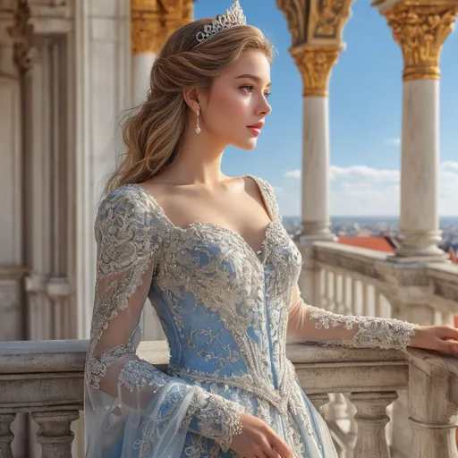 Prompt: A long, long time ago, on a sunny day, a stunningly beautiful princess (ultra detailed )with a graceful figure stood on the balcony of a grand palace. She was dressed in a gorgeous princess gown, gazing out at the scenery beyond.
fine detailed drawing, professional photo, HDR, UltraHD, a lot of details, pixel study, 3D, detail, photorealism, majestic, stunning, elegant, brillant, sumptuous, magnificent, effulgent, refulgent,
, lovely, epic, long hair, mystic, full body view, classical and warm lighting style and cinematic art, portrait view, close up view 

