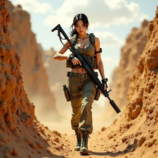 Prompt: (A full body front view)A young and muscular female mercenary with a powerful build, dressed in a khaki vest, khaki military pants, and rugged combat boots. Her body is loaded with ammunition belts, grenades, and tactical gear. She carries a heavy machine gun slung over her shoulder walking in a trench made of piled yellow dirt, intently aiming at her target through the gun’s sights. The atmosphere is tense and gritty, with the surrounding area showing signs of battle, including scattered debris and a dusty, arid landscape under a cloudy sky
 Splash art, hyper detailed, ultra realistic, highly detailed. Perfect studio lighting, perfect shading, impeccable contrast, HDR, UHD, high res, 64k