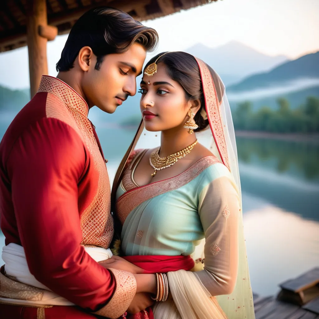Prompt: A beautiful mountain-surrounded lake at dawn, mist covering the water. A young Indian couple, dressed in traditional Indian attire, sits on a rustic wooden bench, their heads leaning against each other, as if time has stopped in this romantic and serene moment.