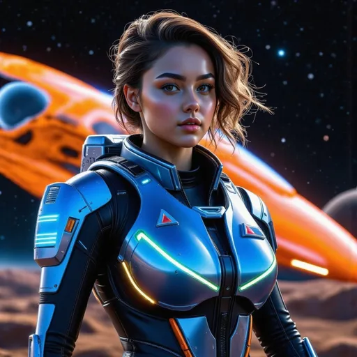 Prompt: (hyper realistic photo)A fearless beautiful female space ranger clad in high-tech armored suit with glowing neon accents, races through the vast expanse of space on a sleek, futuristic space jet ski with 2 lighting machinegun at two sides. The ski's aerodynamic design features thrusters emitting a bright blue plasma trail as she skillfully navigates through asteroid fields and interstellar debris. Her determined gaze is locked onto a notorious fugitive speeding ahead, a rogue outlaw piloting a heavily modified spacecraft. Distant galaxies, swirling nebulas, and glowing celestial bodies form a breathtaking cosmic backdrop, while streaks of laser fire illuminate the chase in a high-stakes pursuit across the stars in the dark cosmos.
Splash art, hyper detailed, ultra realistic, highly detailed. Perfect studio lighting, perfect shading, impeccable contrast, HDR, UHD, high res, 64k