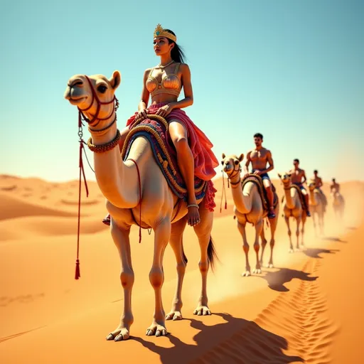 Prompt: (A close-up full body image)A young and beautiful queen of the Sahara Desert, with a strong and well-proportioned physique, sits gracefully atop a lavishly adorned camel. She leads a caravan of merchants through the vast and endless dunes of the desert. The scene captures the golden sands stretching to the horizon, the shimmering heat waves, and the regal presence of the queen. The camel is decorated with intricate ornaments and colorful fabrics, while the caravan follows in an orderly line, creating a majestic and serene atmosphere under the clear blue sky
ultra glamorous, perfect shading, impeccable contrast, HDR, UHD, high res, 64k, cinematic style, studio lighting
splash art, hyper detailed, ultra realistic, highly detailed, surreal heavy mist,