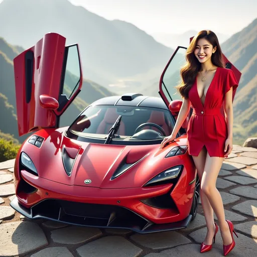 Prompt: A Lotus Evija(Candy Apple Red by Koenigsegg)with doors open of two sides . Stopping along at the mountain peak of Himalayia with 2 doors of the car open (intricate details). A20-year-old girl smiling , wearing apple red V-neck Polo Shirt paired with apple red mini Pencil Skirt. And wear a Shimmering in gold royal ruby necklace around her neck(intricate details),  stood casually, leaning softly against the car.
adorned with rich fabrics and intricate details, ambient lighting that enhances the elegance, soft golden tones, an aura of grandeur and sophistication, (highly detailed, ultra-detailed, 4K resolution). Full car view, full car shot

